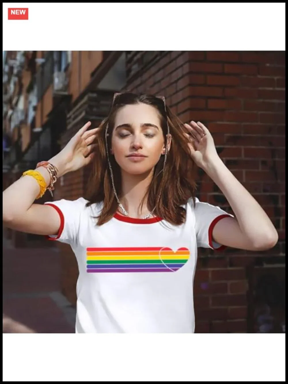 Rainbow Heart Pride Tee Women Short Sleeve Crewneck Ringer T-Shirt Polyester